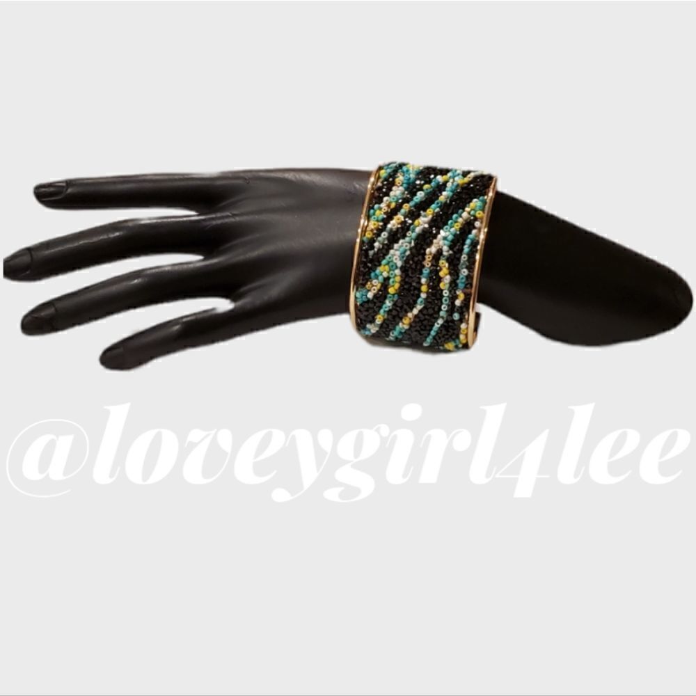 TURQUOISE & BLACK BEAD TIGER STRIPE CUFF BRACLET # 2203-1
